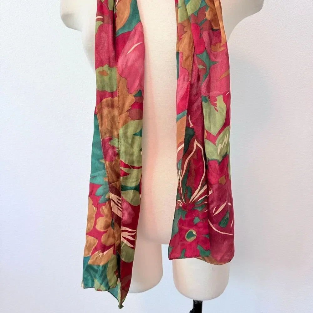 Vintage Silk Watercolor Scarf Floral Green Burgundy Berry